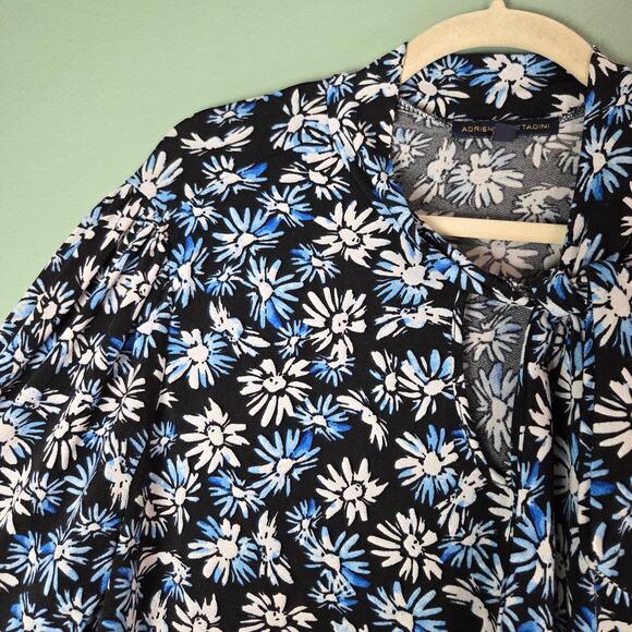 Adrienne Vittadini Womens Blouse Sz 3X Black Allover Blue Floral Print Tie Neck - Picture 6 of 6